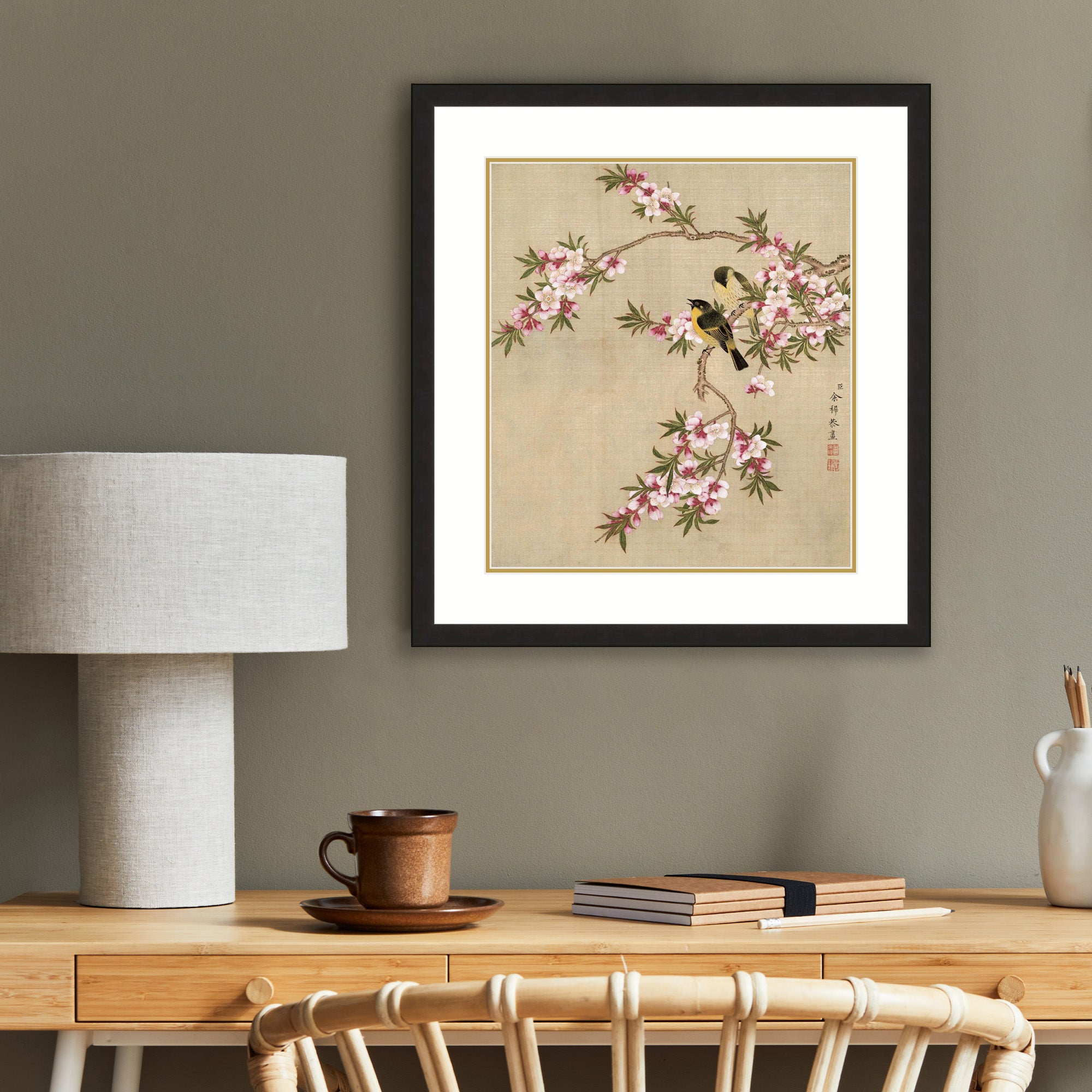 Peach Blossoms and Yellow Sparrows