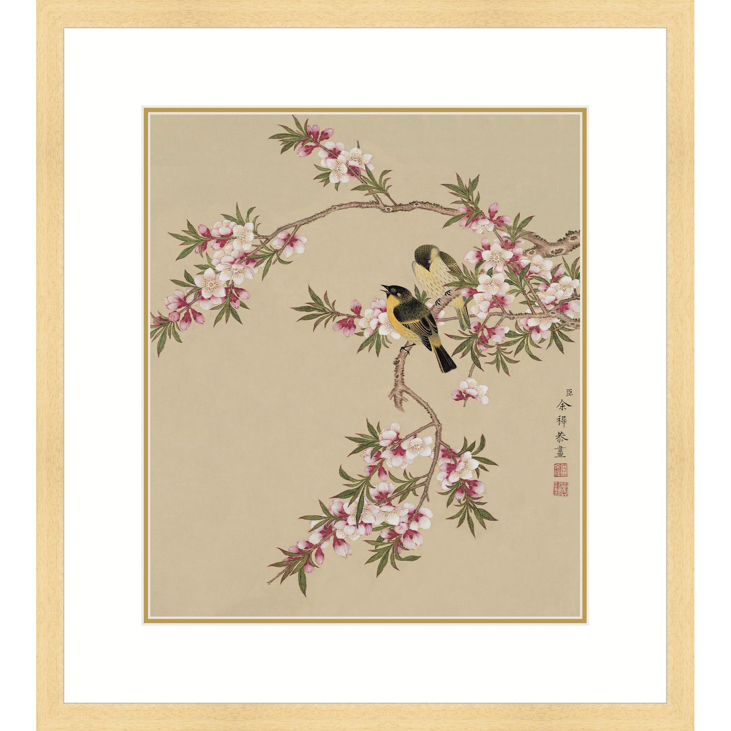 Peach Blossoms and Yellow Sparrows