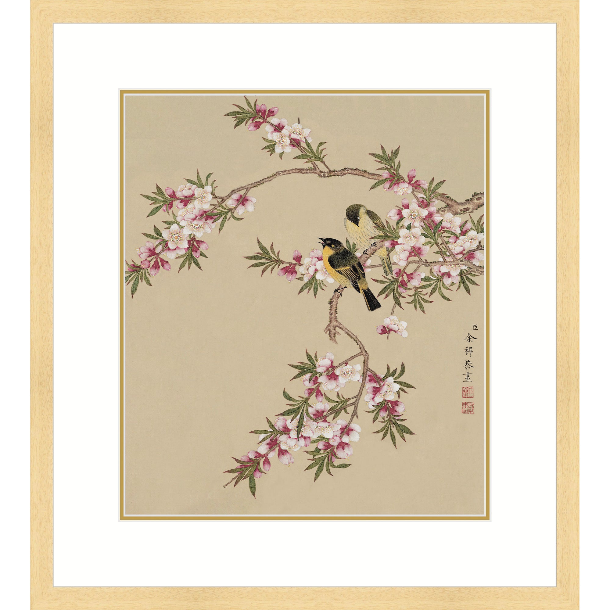 Peach Blossoms and Yellow Sparrows