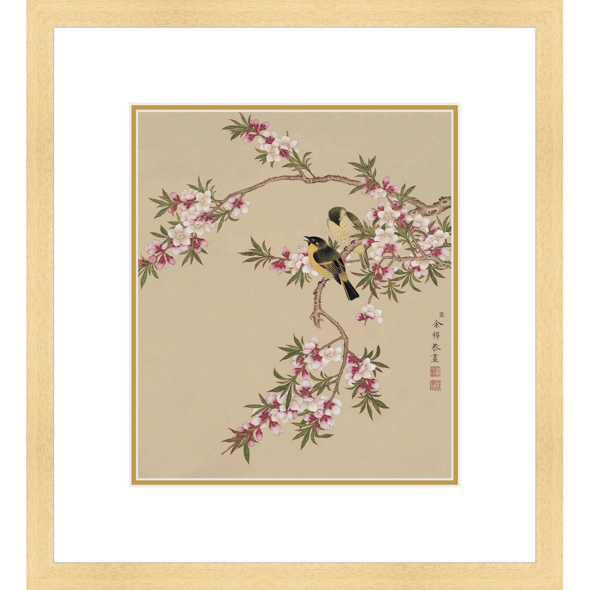 Peach Blossoms and Yellow Sparrows