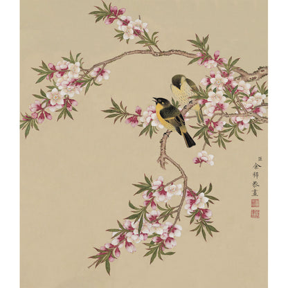 Peach Blossoms and Yellow Sparrows