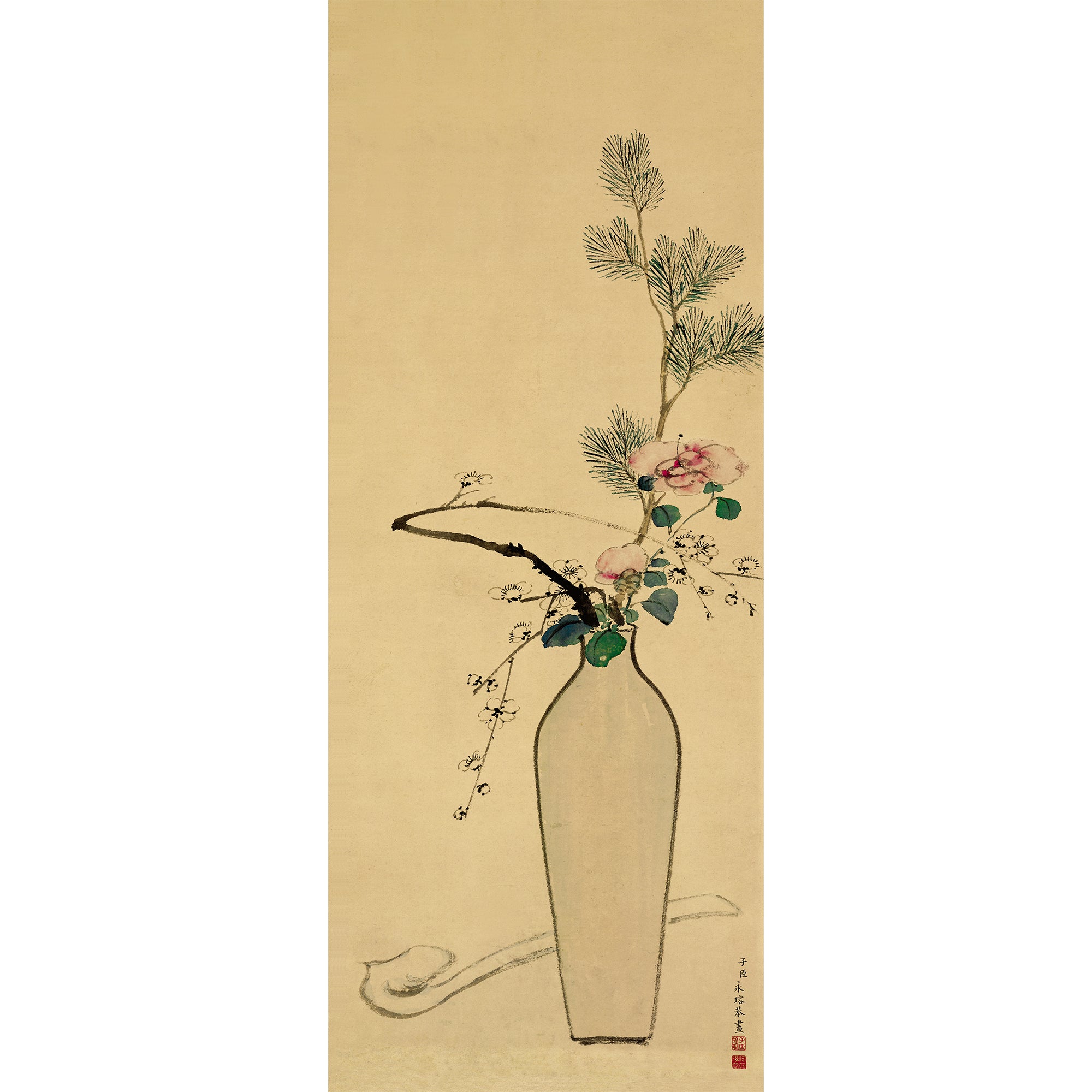 Pine and Plum Blossoms in a Vase