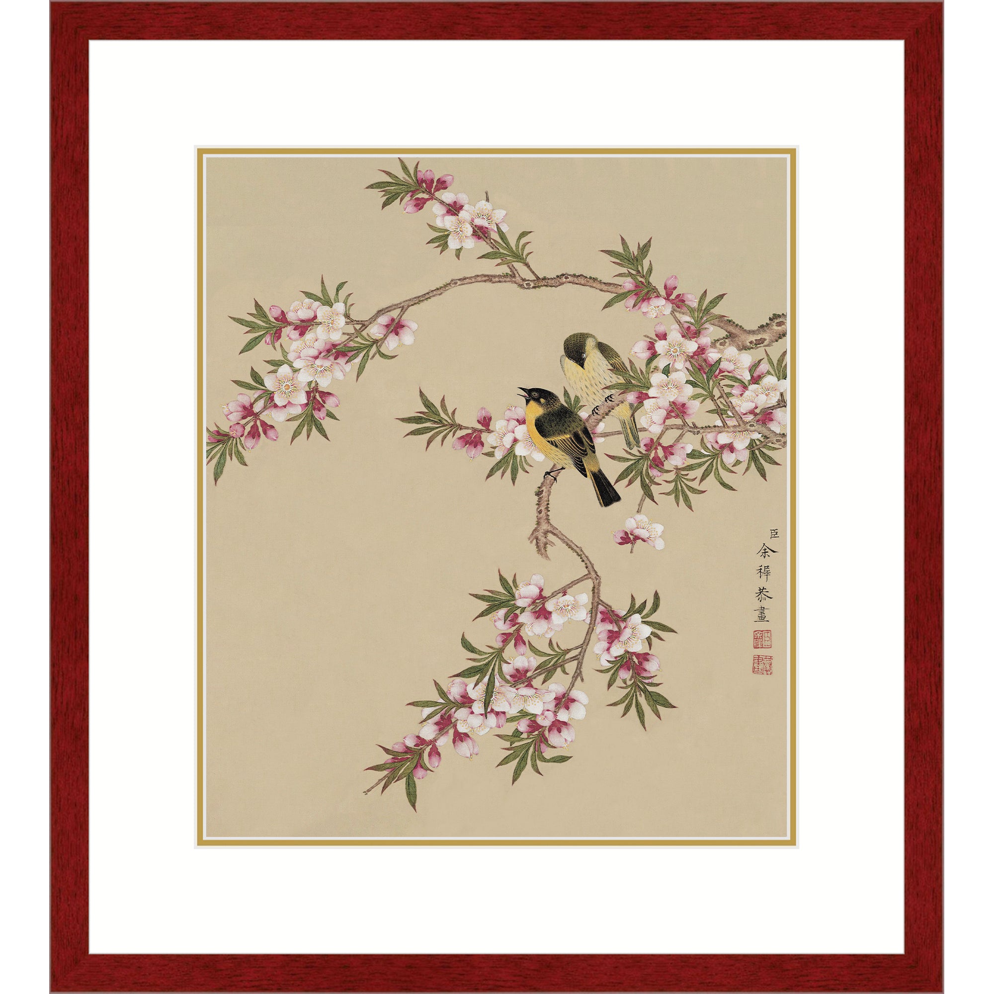 Peach Blossoms and Yellow Sparrows