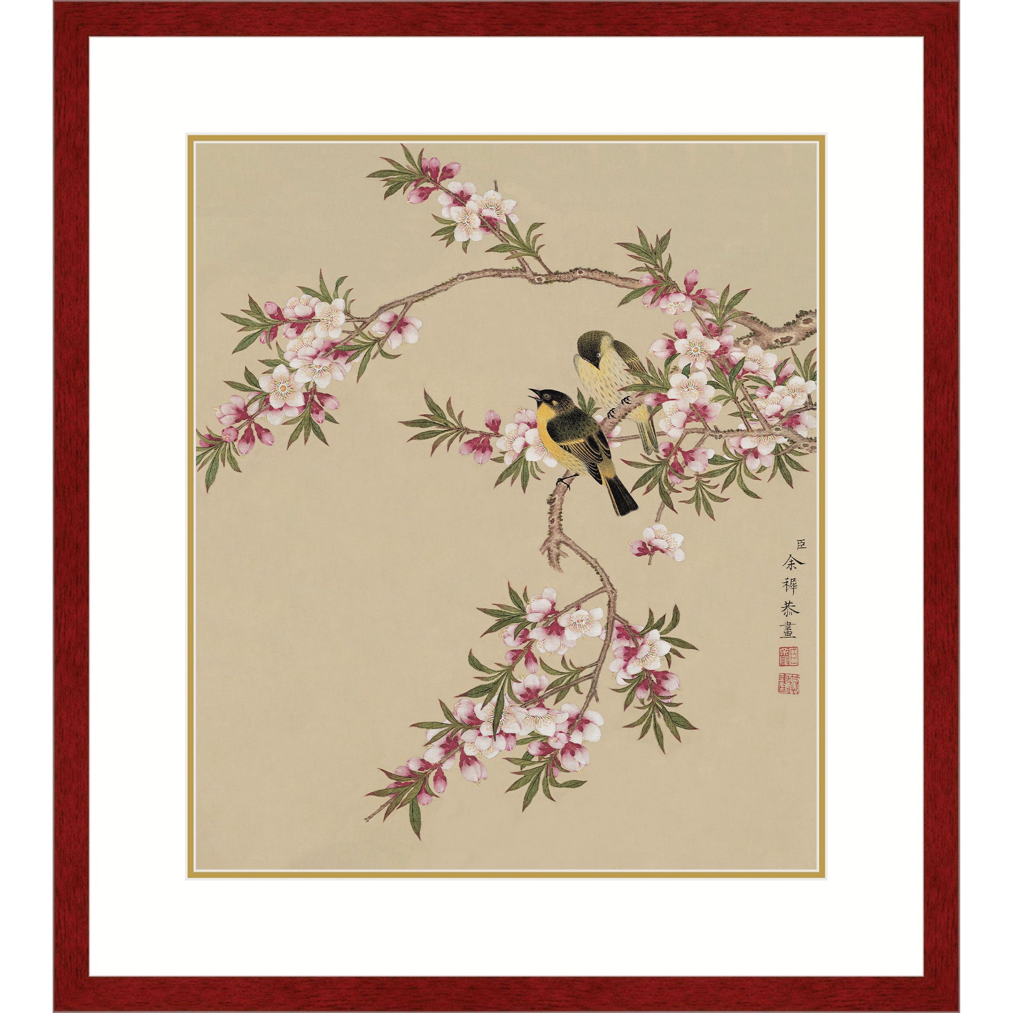 Peach Blossoms and Yellow Sparrows