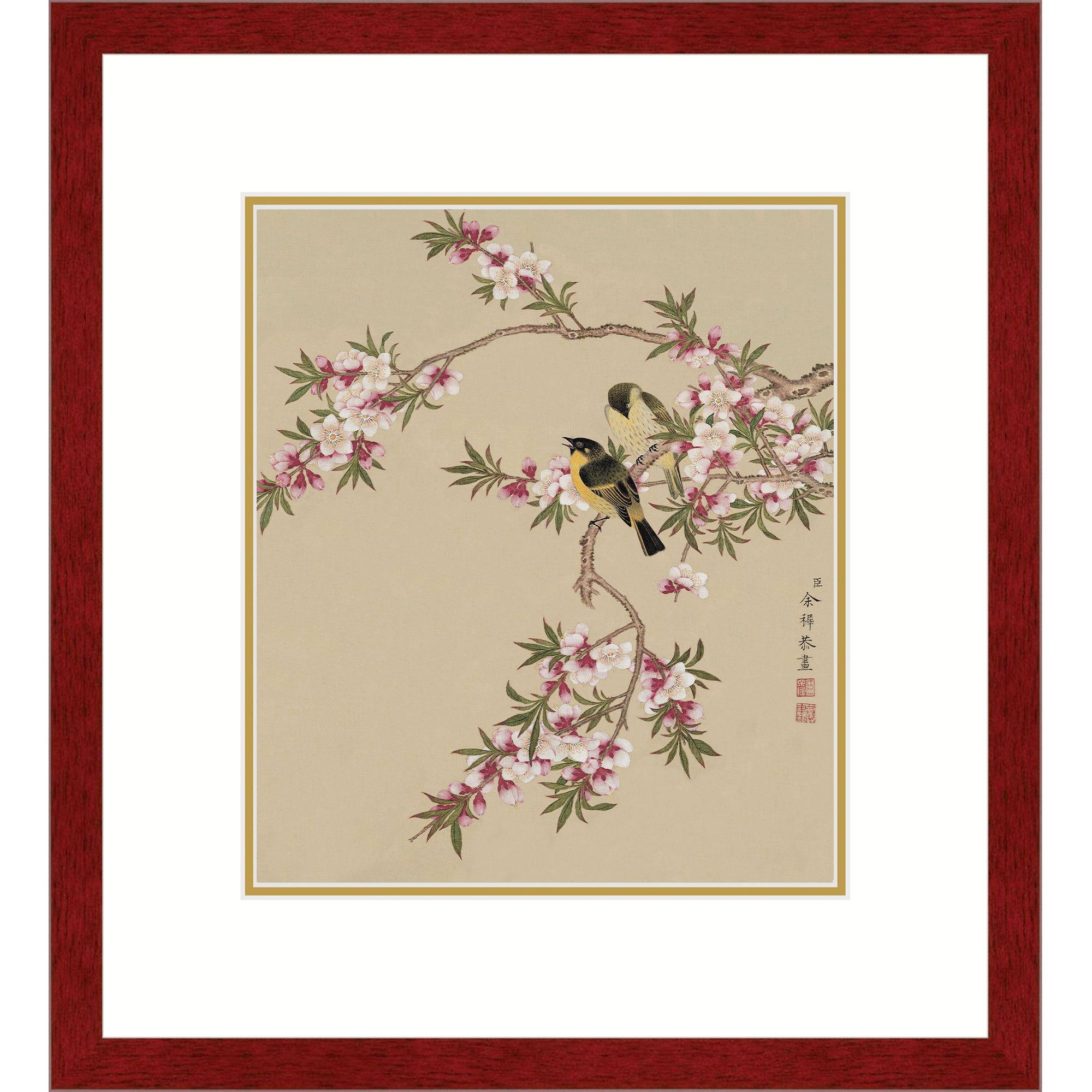 Peach Blossoms and Yellow Sparrows