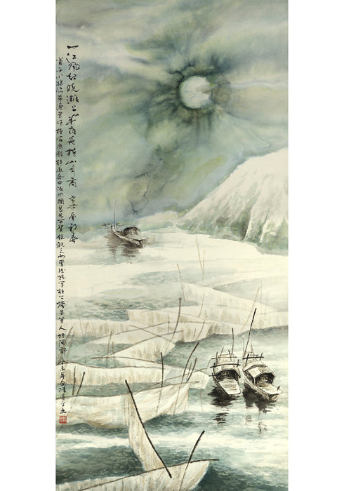 "Moonlight Returns to the Boat" Chinese Painting Landscape 
